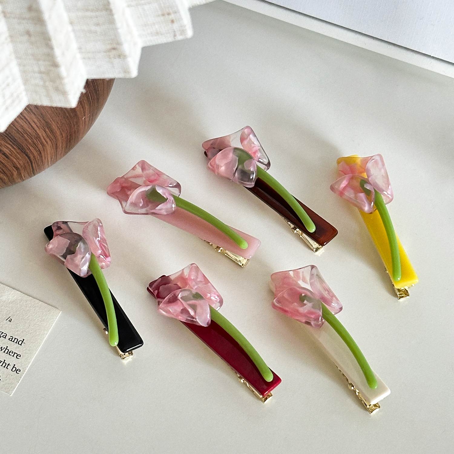 Clips de tulipán de flor rosa de acetato, horquillas sin curvas para niñas