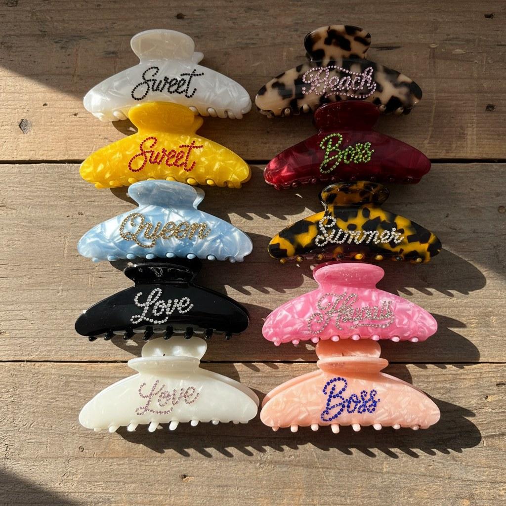Pinzas de garra para el pelo de acetato de diamantes de imitación coloridos con personalidad personalizada con logotipo para mujeres y niñas