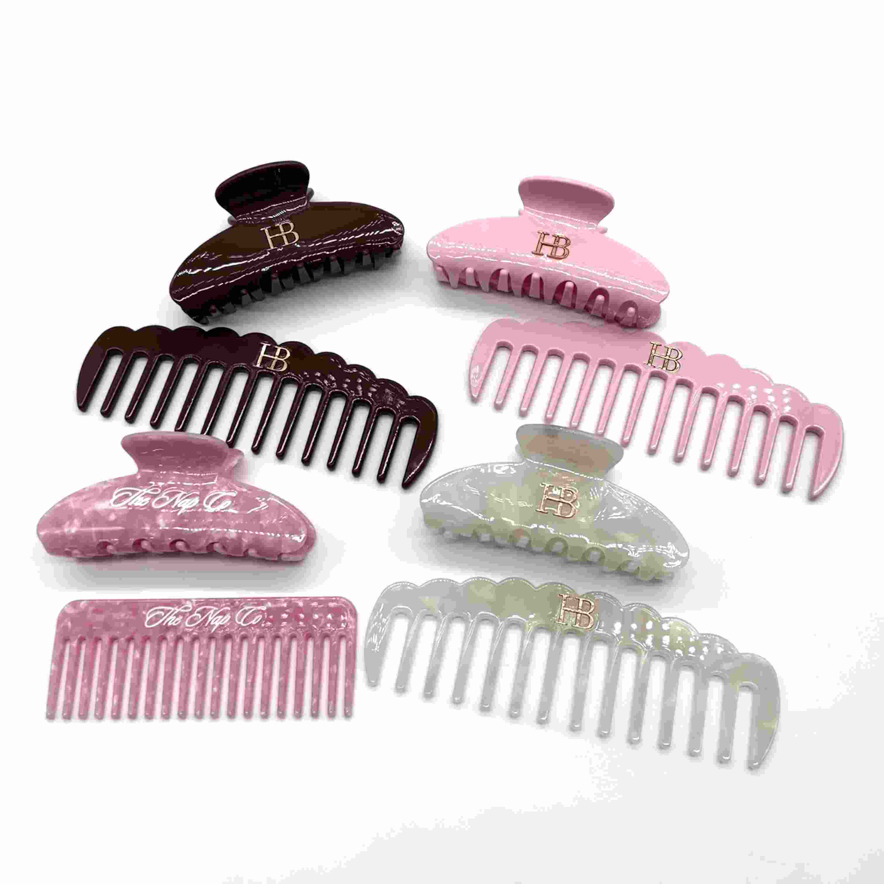 Accesorios para el cabello personalizados para mujer a la moda, pinza para el pelo de acetato con logotipo personalizado y juego de peine para salón y cuidado del cabello